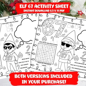 Può includere: Foglio di attività Elf 67 in bianco e nero con labirinti, cruciverba e suggerimenti divertenti. Include due versioni per il download immediato, formato 21,6 x 27,9 cm. Presenta un personaggio elfo con occhiali da sole e una maglia con il numero 67.
