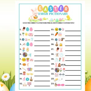 May include: A printable Easter Emoji Pictionary game sheet with a bunny, eggs, and chick graphic. The game challenges players to guess Easter-themed phrases from emojis. The title "Easter Emoji Pictionary" is at the top.