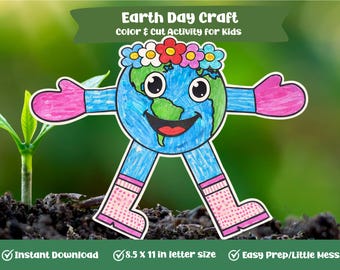 Könnte beinhalten: Ein farbenfrohes Bastelprojekt zum Earth Day für Kinder. Das Bild zeigt einen Cartoon-Charakter der Erde mit Armen, Beinen und einem lächelnden Gesicht. Die Erde trägt einen Blumenkranz, rosa Handschuhe und Stiefel. Der Text lautet "Earth Day Craft" und "Color & Cut Activity for Kids."