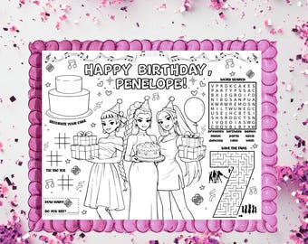May include: A black and white birthday-themed coloring placemat with the text "HAPPY BIRTHDAY, PENELOPE!". The placemat features illustrations of a cake, gifts, and three girls, along with a word search, maze, and tic-tac-toe.