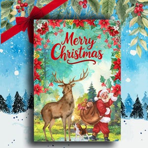 Può includere: Un biglietto di Natale con un design ad acquerello. La carta presenta un cervo, Babbo Natale e un cane in una scena invernale. Le parole "Merry Christmas" sono scritte in rosso in alto.