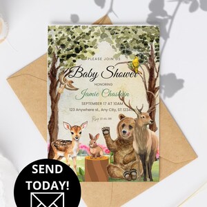 Può includere: Invito per baby shower con illustrazioni ad acquerello di animali del bosco, tra cui un cervo, un coniglio, un orso e un cervo. L'invito include il testo "Baby Shower" e i dettagli dell'evento, con un cerchio nero che dice "SEND TODAY!"