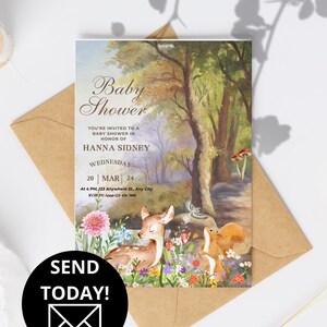 Può includere: Invito per baby shower con una scena della foresta con un cervo e uno scoiattolo. L'invito include il testo "Baby Shower" e i dettagli per il baby shower di Hanna Sidney, tra cui data, ora e informazioni RSVP. Un cerchio nero con le parole "SEND TODAY!" si trova in basso a sinistra.