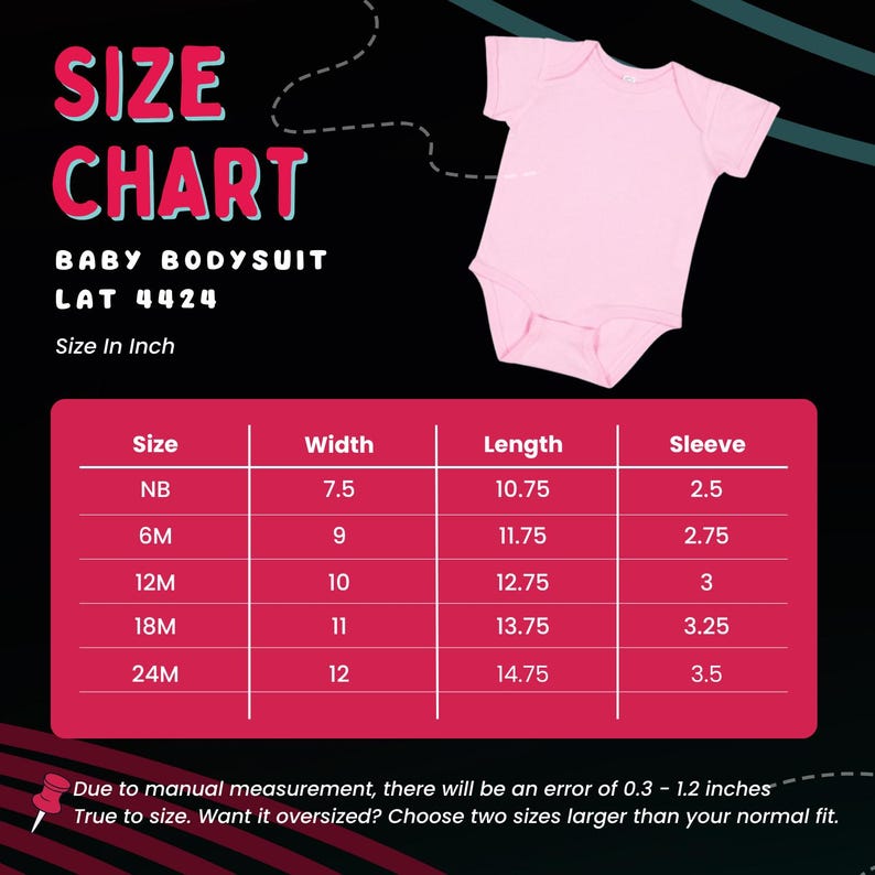 Puede incluir: Body de beb&eacute; rosa con una tabla de tallas. La tabla muestra medidas en pulgadas para el ancho, largo y manga para tallas NB a 24M. El texto dice "BABY BODYSUIT LAT 4424". La tabla tambi&eacute;n incluye una advertencia sobre errores de medici&oacute;n manual.