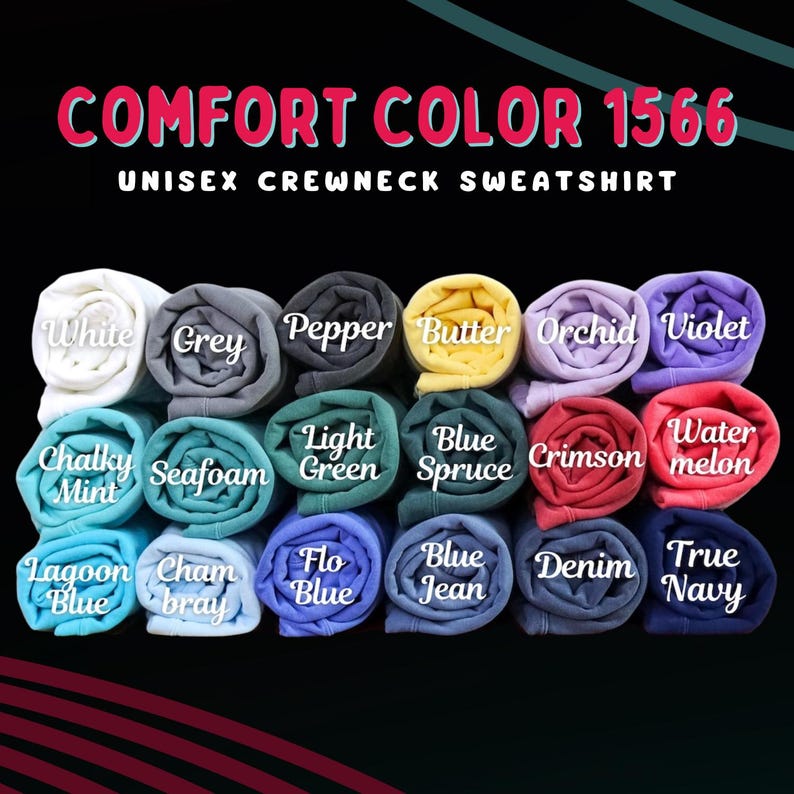 Puede incluir: Una exhibici&oacute;n de sudaderas unisex Comfort Color 1566 enrolladas en varios colores. Los colores incluyen blanco, gris, pimienta, mantequilla, orqu&iacute;dea, violeta, menta tiza, espuma de mar, verde claro, abeto azul, carmes&iacute;, sand&iacute;a, azul laguna, chambray, flo blue, azul vaquero, denim y azul marino.