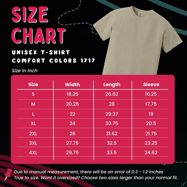 Puede incluir: Una camiseta unisex beige con una tabla de tallas. La tabla muestra medidas en pulgadas para ancho, largo y manga para tallas S a 4XL. El texto dice "COMFORT COLORS 1717".