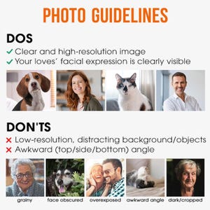 Puede incluir: Un gr&aacute;fico informativo titulado "PHOTO GUIDELINES" con secciones "DOS" y "DON'TS". La secci&oacute;n "DOS" muestra ejemplos de im&aacute;genes claras, incluyendo un perro, una mujer, un gato y un hombre. La secci&oacute;n "DON'TS" muestra ejemplos de im&aacute;genes de mala calidad.