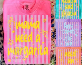 Comfort Colors® Colorful Striped Mama Shirt, Summer Moms Club Shirt, Mama Needs A Margarita Shirt, Neon Distressed Mama Motherhood Shirt