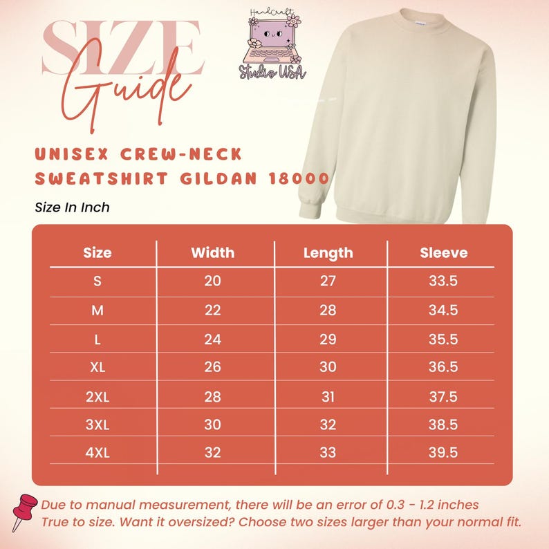Puede incluir: Sudadera unisex de cuello redondo color crema con una gu&iacute;a de tallas. La gu&iacute;a, en pulgadas, detalla las medidas para las tallas S a 4XL, incluyendo ancho, largo y largo de manga. El texto tambi&eacute;n menciona errores de medici&oacute;n manual.