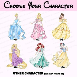 Puede incluir: Una ilustraci&oacute;n digital con seis personajes femeninos en vestidos de gala numerados del 01 al 06, con el texto CHOOSE YOUR CHARACTER en la parte superior y OTHER CHARACTER (WE CAN MAKE IT) en la inferior. Los personajes visten trajes azules, rosas, amarillos, morados y turquesas.