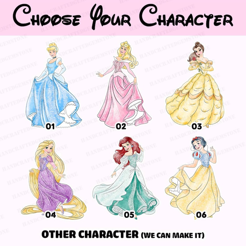 Puede incluir: Una ilustraci&oacute;n digital con seis personajes femeninos en vestidos de gala numerados del 01 al 06, con el texto CHOOSE YOUR CHARACTER en la parte superior y OTHER CHARACTER (WE CAN MAKE IT) en la inferior. Los personajes visten trajes azules, rosas, amarillos, morados y turquesas.