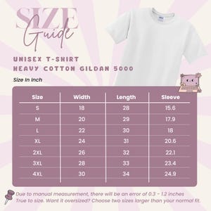 Puede incluir: Una camiseta unisex blanca, con una tabla de tallas. La tabla proporciona medidas en cent&iacute;metros para el ancho, el largo y la manga para las tallas S a 4XL. El texto en la tabla dice "UNISEX T-SHIRT HEAVY COTTON GILDAN 5000".