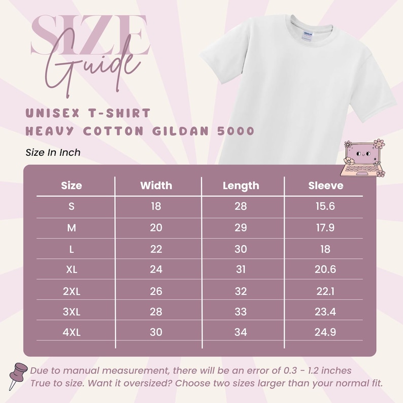 Puede incluir: Una camiseta unisex blanca, con una tabla de tallas. La tabla proporciona medidas en cent&iacute;metros para el ancho, el largo y la manga para las tallas S a 4XL. El texto en la tabla dice "UNISEX T-SHIRT HEAVY COTTON GILDAN 5000".