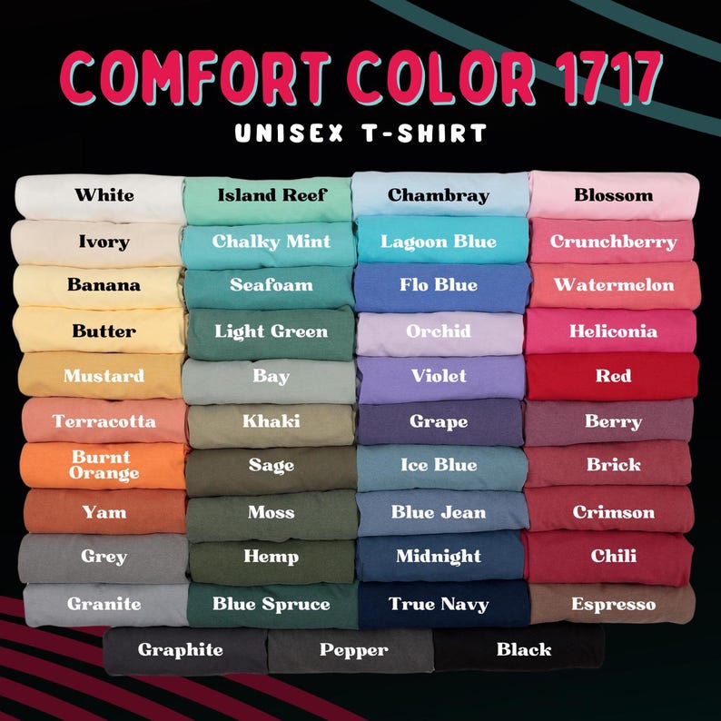 Puede incluir: Una exhibici&oacute;n de camisetas unisex Comfort Colors 1717 en varios colores, incluyendo blanco, azul, rosa y verde. La imagen muestra una amplia gama de tonos, desde pasteles claros hasta tonos profundos y ricos, con cada color etiquetado.