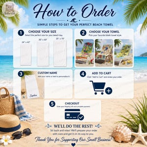 Puede incluir: Un gr&aacute;fico instructivo titulado How to Order con cinco pasos para pedir toallas de playa personalizadas. Muestra tres opciones de tama&ntilde;o de 24 x 42, 30 x 60 y 35 x 70 pulgadas, tres ejemplos de estilos de toalla, un campo de personalizaci&oacute;n, un icono de carrito y una tarjeta de cr&eacute;dito.