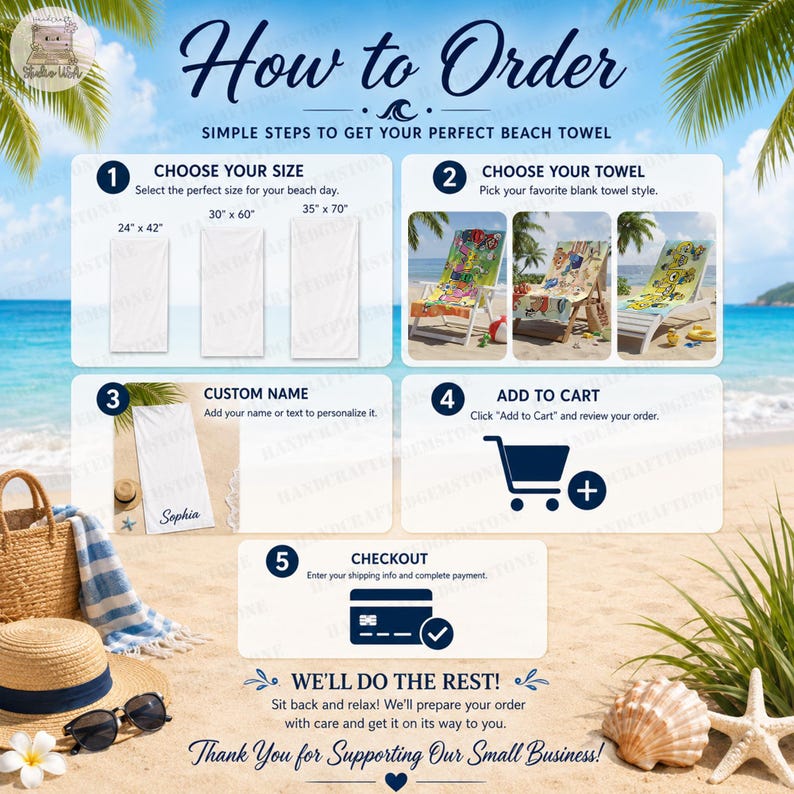 Puede incluir: Un gr&aacute;fico instructivo titulado How to Order con cinco pasos para pedir toallas de playa personalizadas. Muestra tres opciones de tama&ntilde;o de 24 x 42, 30 x 60 y 35 x 70 pulgadas, tres ejemplos de estilos de toalla, un campo de personalizaci&oacute;n, un icono de carrito y una tarjeta de cr&eacute;dito.