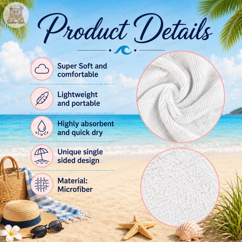 Puede incluir: Una toalla de microfibra blanca con superficie texturizada, presentada con detalles del producto que incluyen super suave, c&oacute;moda, ligera, port&aacute;til, altamente absorbente, secado r&aacute;pido y dise&ntilde;o de una sola cara, sobre un fondo de playa.