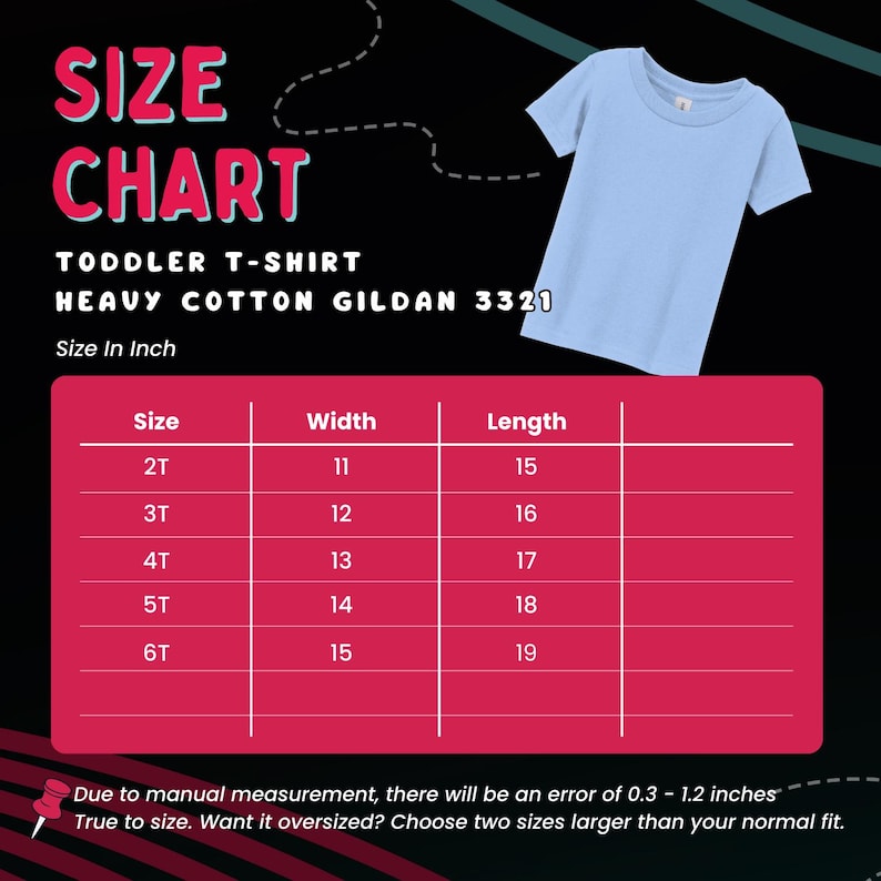 Puede incluir: Una camiseta azul claro para ni&ntilde;os peque&ntilde;os junto a una tabla de tallas. La tabla enumera las tallas 2T a 6T, con medidas de ancho y largo en pulgadas. El texto dice "SIZE CHART TODDLER T-SHIRT HEAVY COTTON GILDAN 3321".