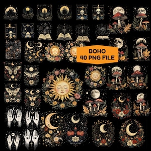 Puede incluir: Un conjunto de 40 archivos PNG con temática boho. Los diseños presentan elementos celestiales como lunas, soles y estrellas, junto con setas, mariposas y arreglos florales. La paleta de colores incluye tonos cálidos sobre un fondo negro.