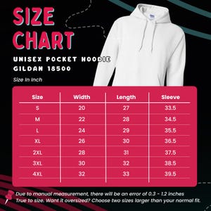 Puede incluir: Tabla de tallas de sudadera con capucha unisex blanca con medidas en pulgadas. La tabla incluye tallas S a 4XL, con medidas de ancho, largo y manga. Se muestra la sudadera con capucha Gildan 18500. El texto indica que puede haber un error de medici&oacute;n.