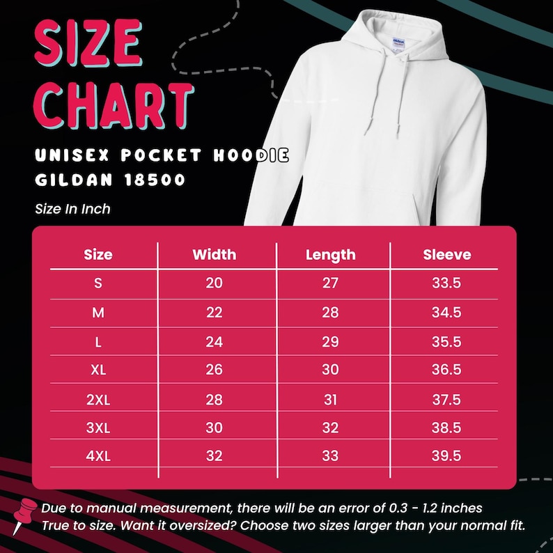 Puede incluir: Tabla de tallas de sudadera con capucha unisex blanca con medidas en pulgadas. La tabla incluye tallas S a 4XL, con medidas de ancho, largo y manga. Se muestra la sudadera con capucha Gildan 18500. El texto indica que puede haber un error de medici&oacute;n.