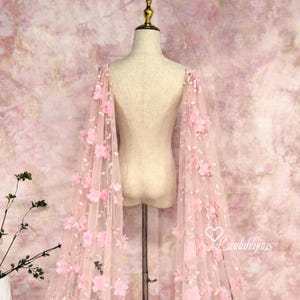 Pink 3d Flowers Wedding Tulle Wings, Fairy Floral Two Pieces Shoulder Cape Veil