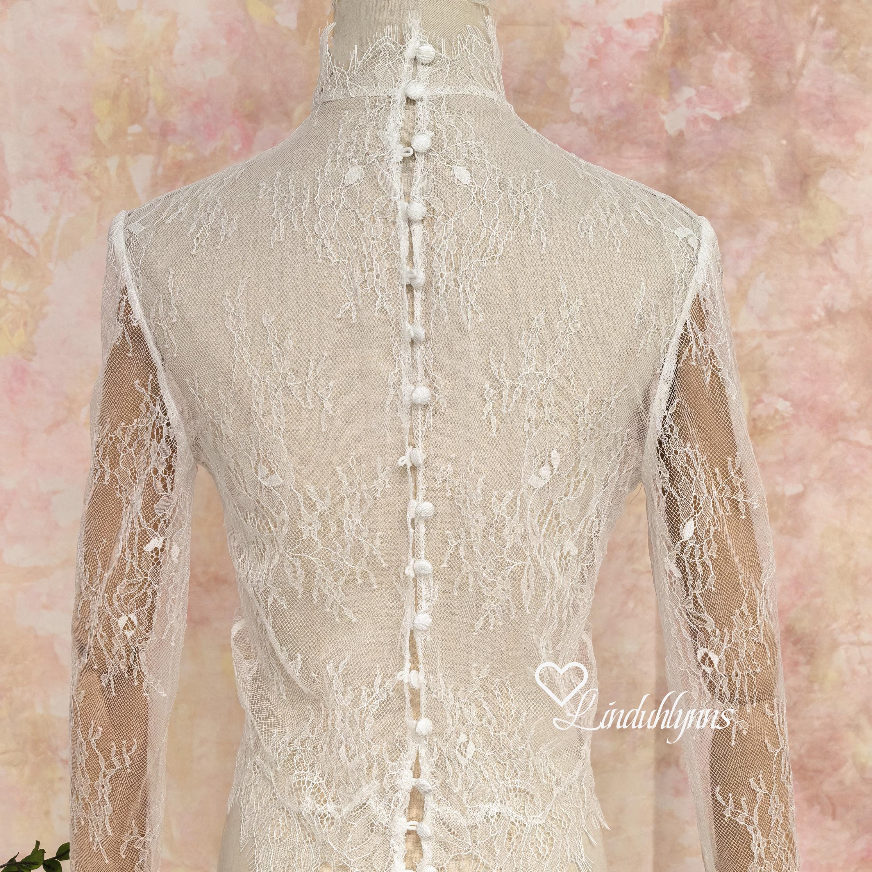 Soft Flower Full Lace Wedding Boleros with Buttons, Ivory Long Sleeves Wedding-Dress Cover Up
