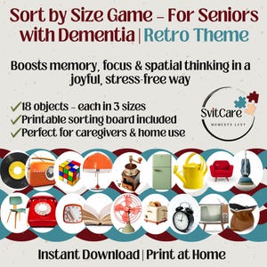 May include: A retro-themed "Sort by Size Game" for seniors with dementia. The image displays various vintage objects like a record, radio, Rubik's cube, and alarm clock. The game boosts memory and focus. Includes a printable sorting board.