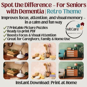 Op de afbeelding: Promotieafbeelding voor een printbaar puzzelspel voor senioren met dementie, getiteld "Spot the Difference". Het promoot verbeterde focus en visueel geheugen. De afbeelding heeft een retro-thema en verschillende scènes.
