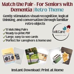 May include: An advertisement for a matching game for seniors with dementia, featuring a retro theme. The game stimulates visual recognition and logical thinking. Includes images of a boombox, cassette tape, mailbox, envelope, toaster, and toast.