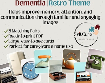 Può includere: Annuncio di un gioco di memoria per anziani con demenza, con un tema retrò. L'immagine include un orologio, un ferro da stiro, un giradischi, una teiera, un telefono e altri oggetti vintage. Il testo include "Find the Pair" e "Instant Download".