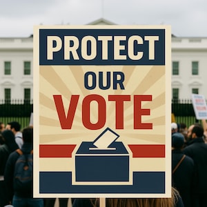 Op de afbeelding: Een bord met de tekst "PROTECT OUR VOTE" in wit en rood. Het bord heeft een vintage ontwerp met een stembus-afbeelding. De achtergrond toont een menigte mensen en een gebouw.