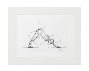 May include: A pencil sketch of a person in a downward-facing dog yoga pose, framed in a white mat. The artwork is a simple line drawing with cross-hatching lines in the background. The drawing is on white paper.