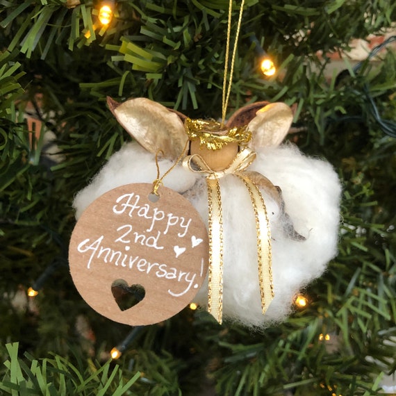 Cotton Anniversary Angel, Gold, Second Anniversary, Christmas gifts, Angel Ornament, Farmhouse decor, Cotton Boll Angels, personalized