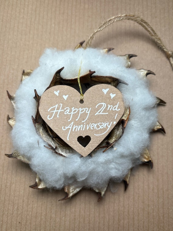 Valentine Cotton Anniversary Burr Wreath Ornament, Second Anniversary gift, Handmade with Cotton, Natural Cotton Ornament, Cotton Ornament