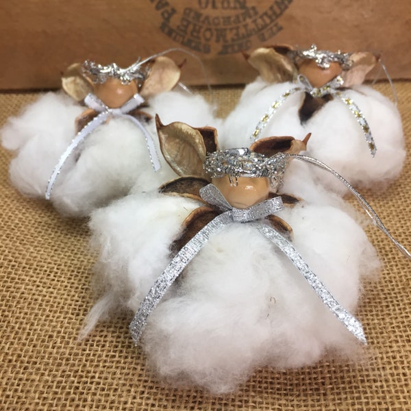 Cotton Angel with Silver bow, Angel gift, Southern Christmas, Farmhouse, Rustic Decor, Cotton Boll Angels, Cotton Anniversary gift for him