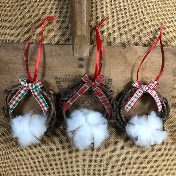 Set (3) Cotton Boll Wreath Ornaments 3, Farmhouse decor, Country, Anniversary gift, Rustic, Nature, Cotton Wedding, Handmade