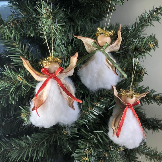 Cherub Angel Set, 3 Angels, Christmas Angels, Cottagecore, Nature Ornament, Cotton Angel, Cotton Anniversary, Christmas