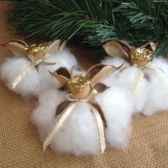 Gold Set 12, "Original Cotton Angels", Christmas gifts, Angel Ornament, Farmhouse decor, Rustic, Cotton Boll. Cotton Anniversary, Wedding