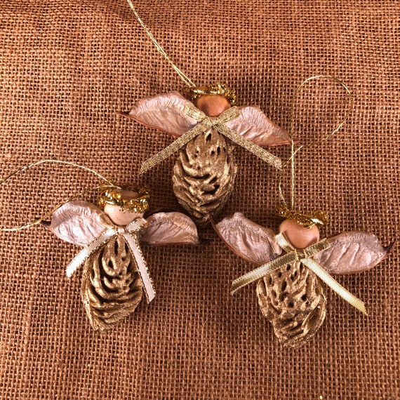 Peach Angels Metallic set, 3 ornaments, gold & silver bows, Christmas Angel, Peach Pit, Farmhouse, Rustic, Christmas Ornament, Cottage decor