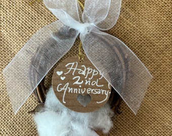 Cotton Anniversary Boll Wreath Ornament, Second Anniversary, Cotton Ornament, Personalize, Memory gift, Gift for Him, Wedding gift