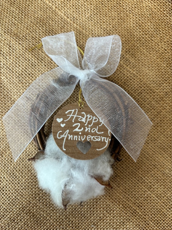 Cotton Anniversary Boll Wreath Ornament, Second Anniversary, Cotton Ornament, Personalize, Memory gift, Gift for Him, Wedding gift