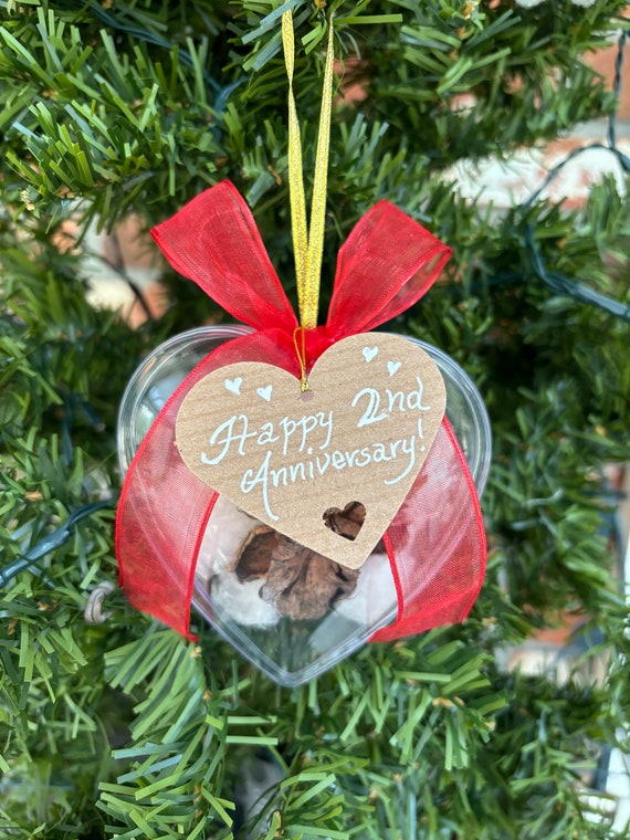 Anniversary Heart Ornament with Happy 2nd Anniversary Tag, Cotton Anniversary, Second Anniversary, Valentine gift, Wedding gift, Christmas