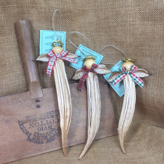 Okra Angel! Christmas Bows, Okra Pod Ornament, Southern Decor, Angel Gift, Natural Ornament, Angel present, Gift for him, Country gift