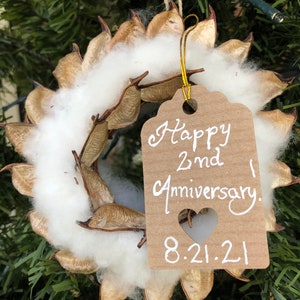 Cotton Anniversary Burr Wreath Ornament, Second Anniversary gift, Handmade with Cotton, Natural Cotton Ornament, Cotton Ornament, handpicked