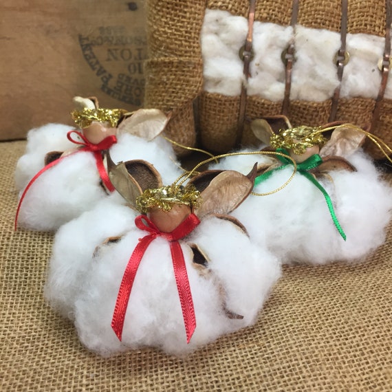 Cotton Angels Set, 3 Original, Satin Bows, Cotton Anniversary, Christmas Ornaments, Wedding Gift, Natural, Rustic, Farmhouse, Southern Decor