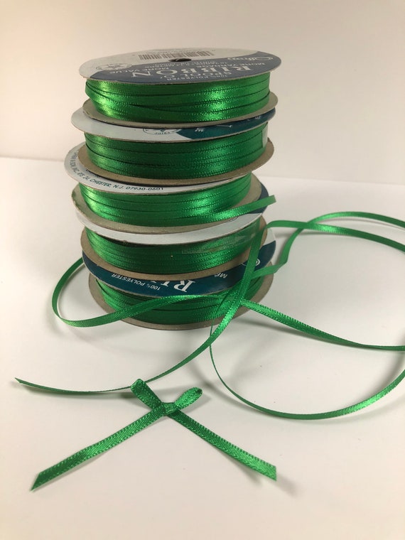 Satin Ribbon, Green, 1/8 inch, set of 5, 10 yard spools, Christmas Green, Hunter Green, ribbon for ornaments