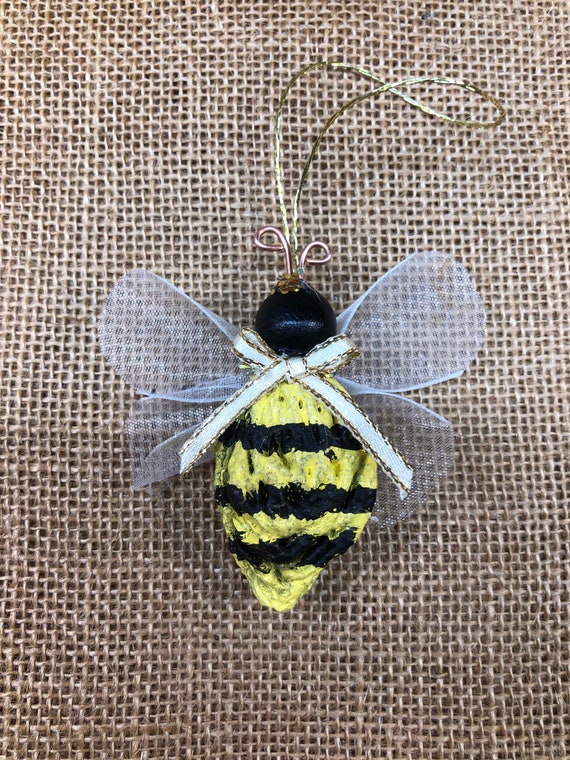 Bee Ornament, Bumble Bee, Honey Bee decor, Rustic, Farmhouse decor, Bee decor, Christmas Ornament, Handmade, Peach, Nature gift
