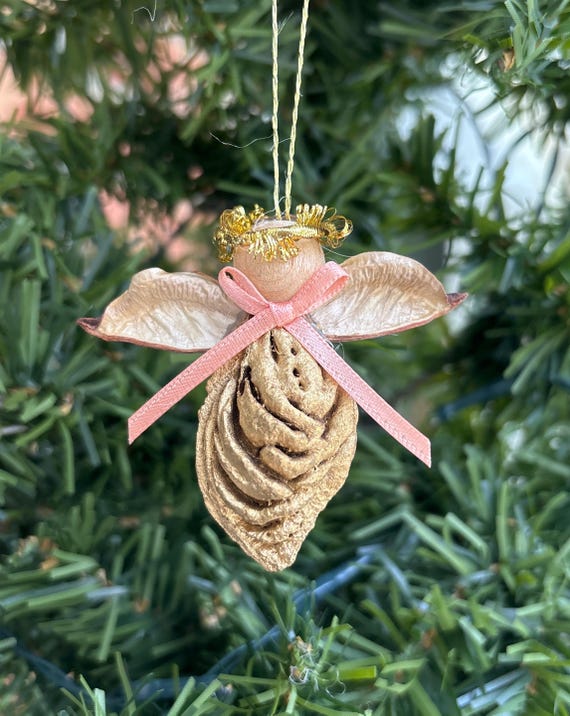 Peach Angel, Peach bow, Christmas Angel, Peach Pit, Southern Decor, Farmhouse, Rustic, Christmas Ornament, Cottage decor, gift fore her
