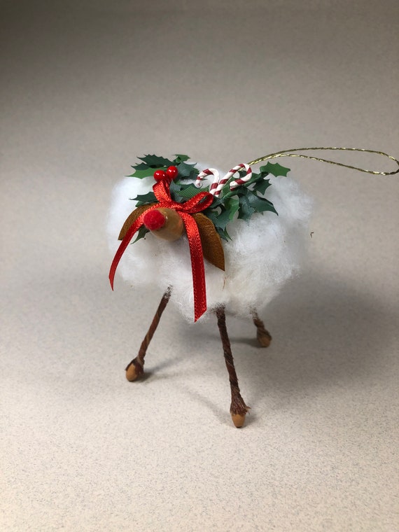 Reindeer Ornament, Cotton Boll, Dark Brown face, Christmas, Rustic Decor, Farmhouse, Cotton Ornament, Lamb, Southern Decor, Anniversary Gift